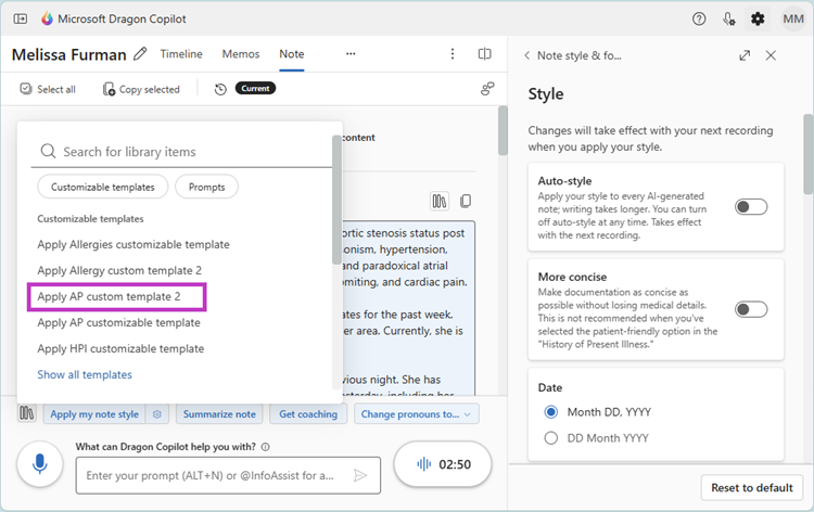 The drop-down menu that appears after selecting the Library icon, with a custom template highlighted.
