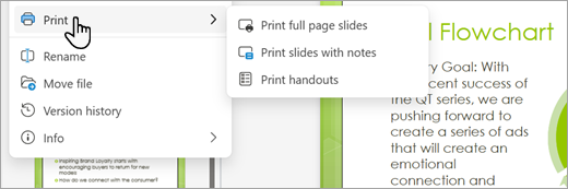 Screenshot showing the PDF print options in PowerPoint for the web.