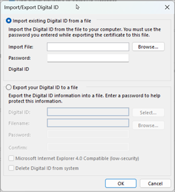 Select browse to find the digital ID and enter the password you entered while exporting the certificate to this file