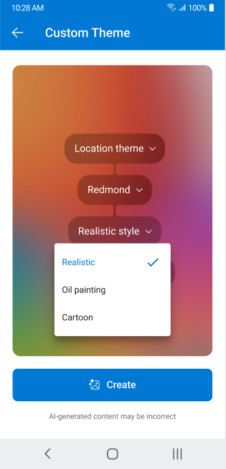 A screen showing the dropdown selector used to adjust configurable attributes of a custom theme on Outlook for Android