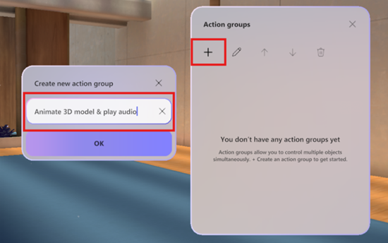 Screenshot showing how to create a new action group in an immersive event.