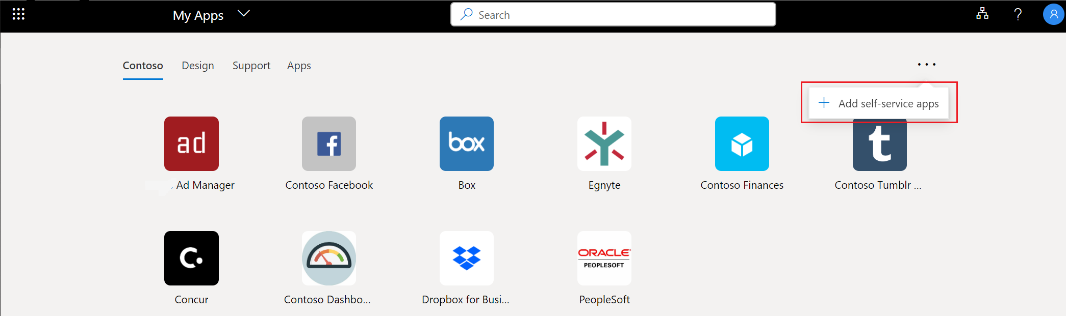 The Add apps page, in the My Apps portal at myapplications.microsoft.com