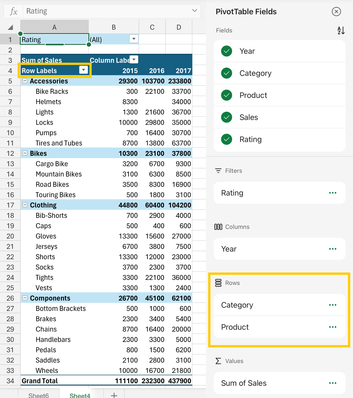 Image of the rows area in the field list and the row labels in the pivottable.