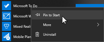 Context menu for Microsoft To Do open and Pin to start selected