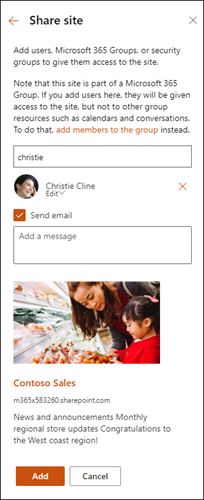 Share site panel with member being added.