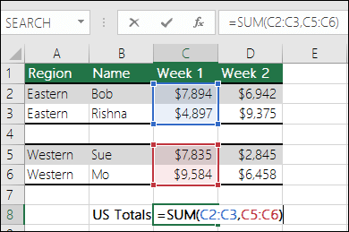 Using SUM with non-contiguous ranges.  Cell C8's formula is =SUM(C2:C3,C5:C6). You could also use Named Ranges, so the formula would be =SUM(Week1,Week2).