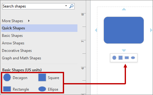 The mini toolbar using default basic shapes