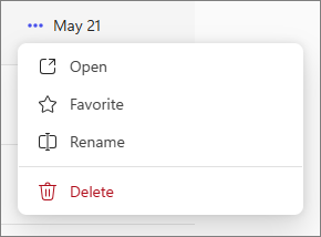 Copilot Notebooks more options to open, favorite, rename, or delete a notebook.