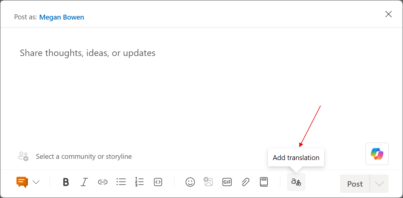 Screencap of the post authoring dialog with the Add translations tool