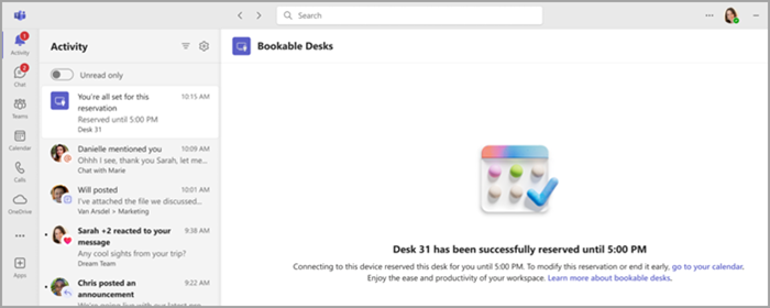 Screenshot showing a bookable desk reservation notification in the Activity tab in Teams.