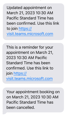 Virtual appointment update and reminder text messages