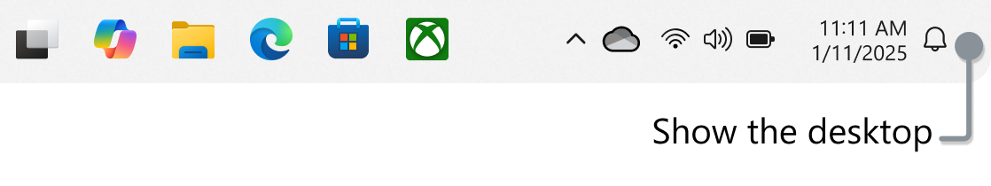 Screenshot of the taskbar with a note for the "show the desktop" button.