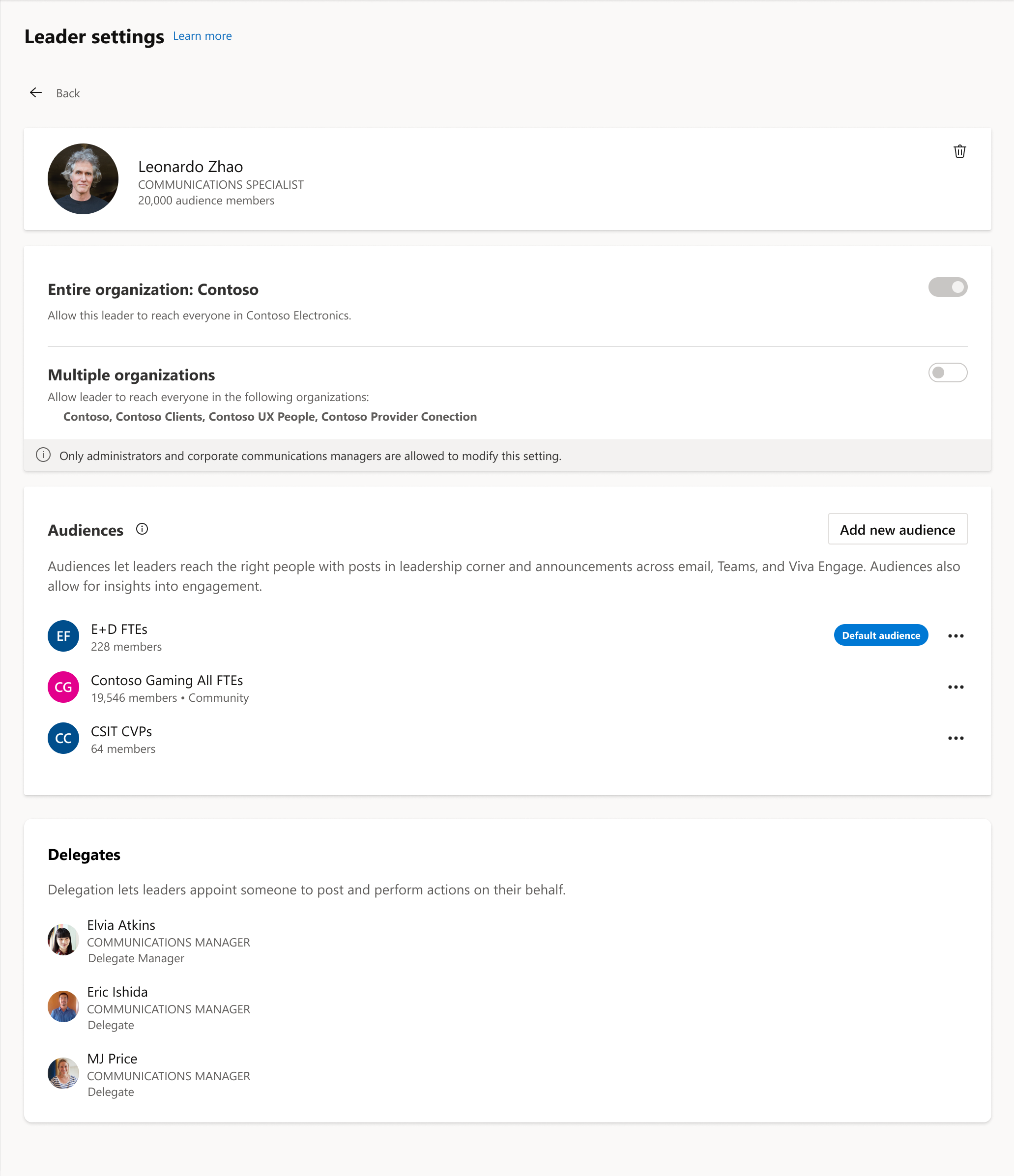 Leader settings in the Communications dashboard