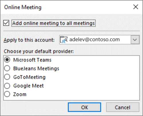Outlook on Windows - select default online meeting provider