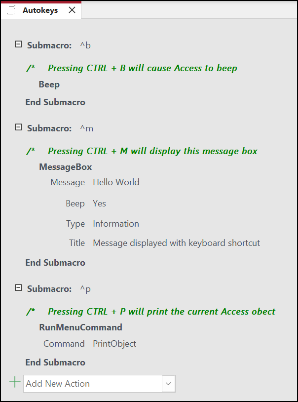 Three submacros in an Access macro called AutoKeys