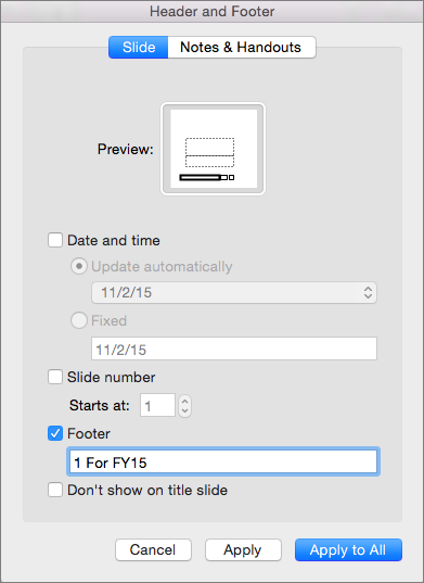 Footer check box on the Slide tab in the Header & Footer box