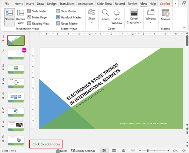 Sreenshot showing a PowerPoint slide deck in Normal view along with the notes section.
