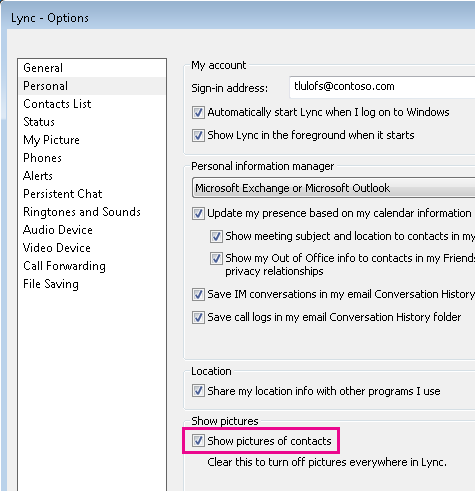 Screenshot of Personal Options window with Show pictures checkbox highlighted