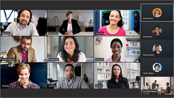 A gallery of 12 video-conference participants' images, including a conference room tiles..