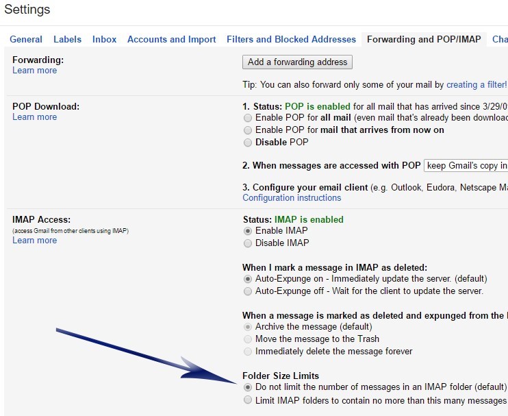 Shows the Settings screen. Under the IMAP Access section, there's an arrow pointing to the first option under Folder Size Limits (Do not limit the number of messages...).