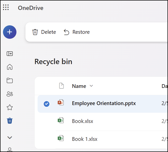 A screenshot showing the Recycle Bin tab in OneDrive.com.