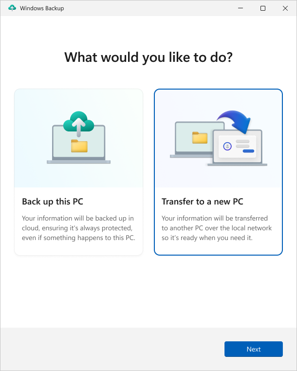 Screenshot of the Windows Backup app, showing the option to transfer information to a new PC.