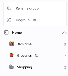 Home group is selected with the option to Rename group or Ungroup lists open