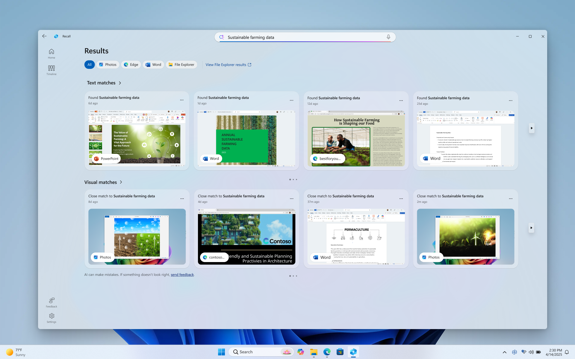 Screenshot of search results in Recall