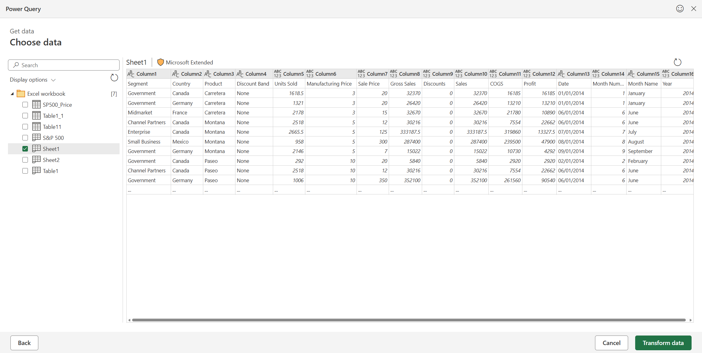 The table selection options for the data source.