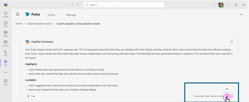 Screenshot showing the experience for users to submit their feedback regarding the report summary generated using Copilot