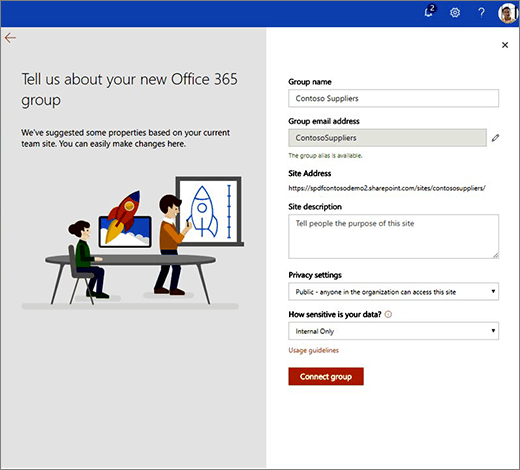 This is the New O365 Group properties page.