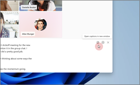 Teams meeting window with Pop-up Captions turned on.