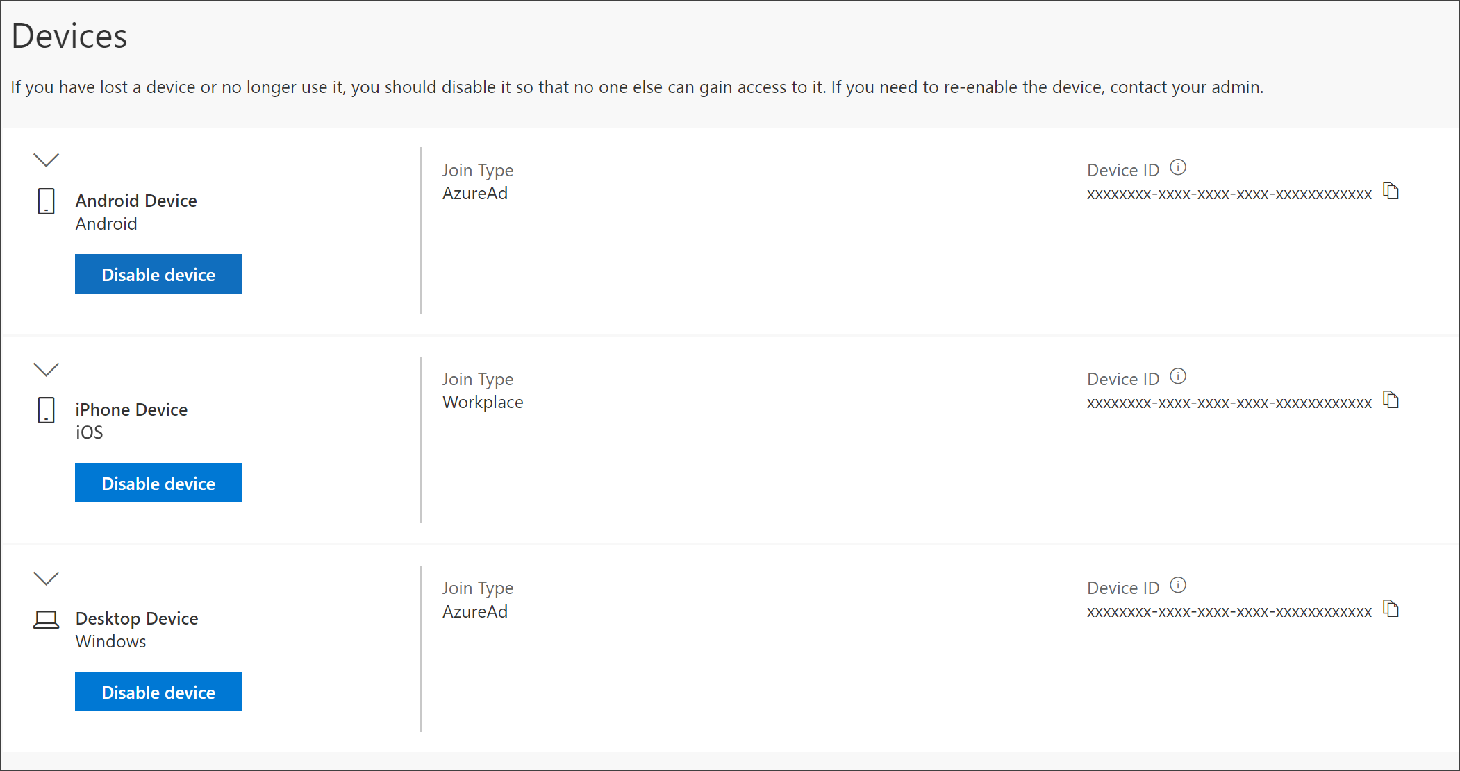 Device page, showing connected devices