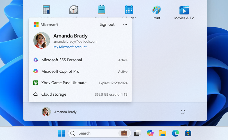 Screenshot of the sign out action in the Start menu.