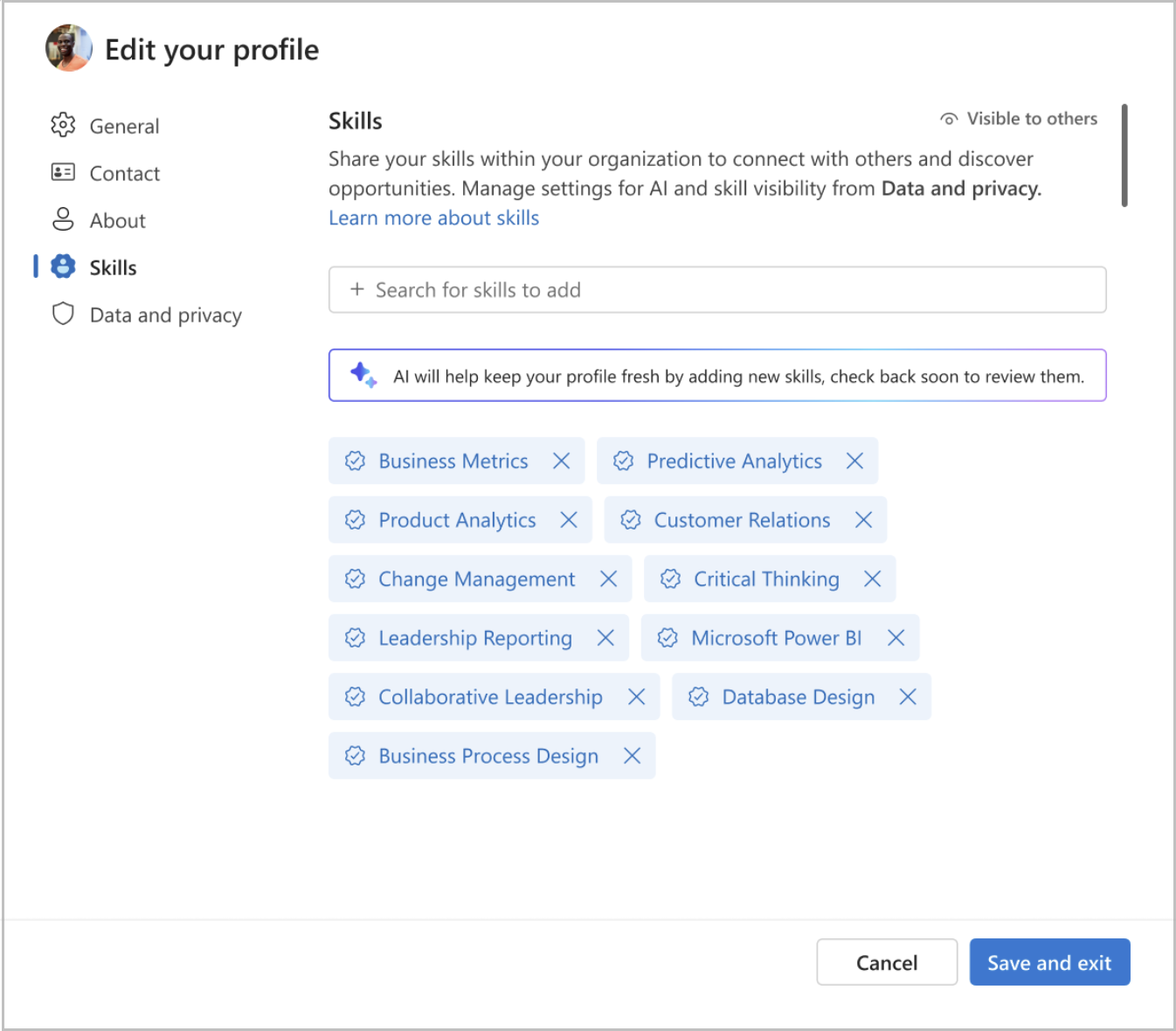 A screenshot of the profile editor, with a search bar to search for skills. There's also a list of confirmed skills with the option to delete each.