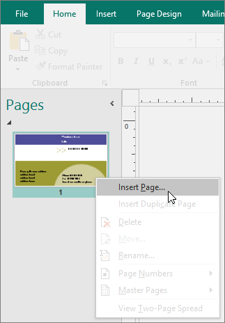 Insert Page on the Pages navigation pane in Publisher.
