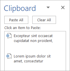 Shows the Clipboard task pane with copied contents