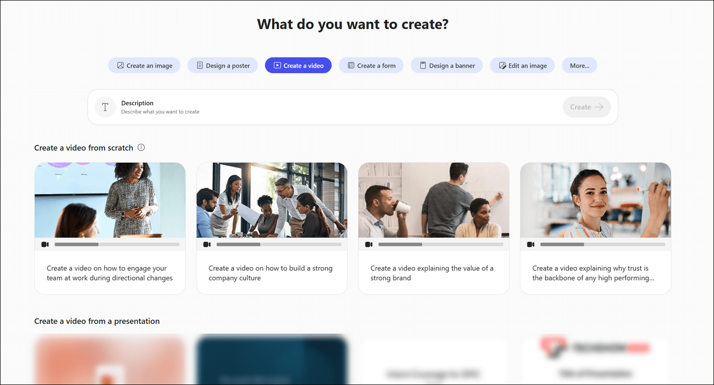 The Create module in the Microsoft 365 Copilot app showing the Create a Video flow.