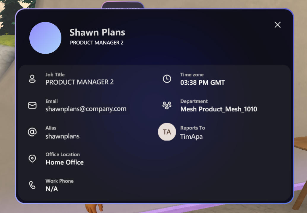 Screenshot of the contact card showing full information about the avatar