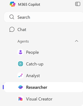 researcher menu item in Microsoft 365 Copilot