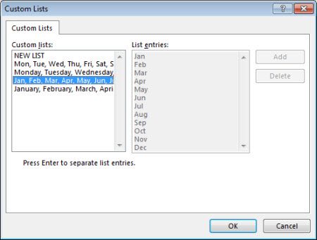 Custom lists dialog box