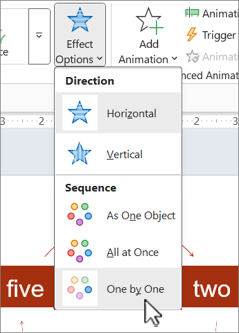 The Effect Options menu on the Animations tab in PowerPoint.