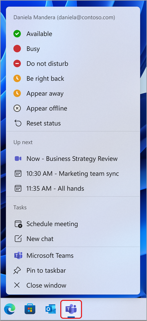 Screenshot showing actions you can take in Teams through the Windows taskbar.