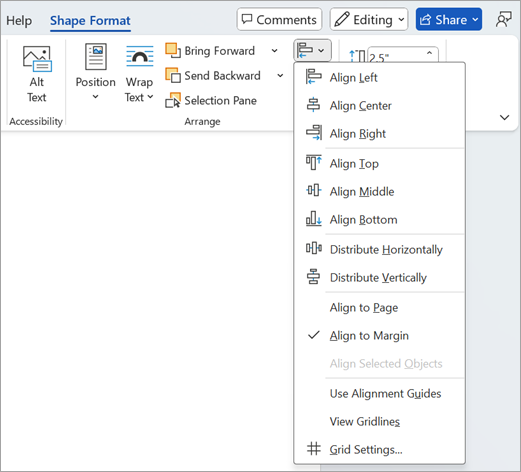 Screenshot showing the alignment options on the Shape Format tab in Word.
