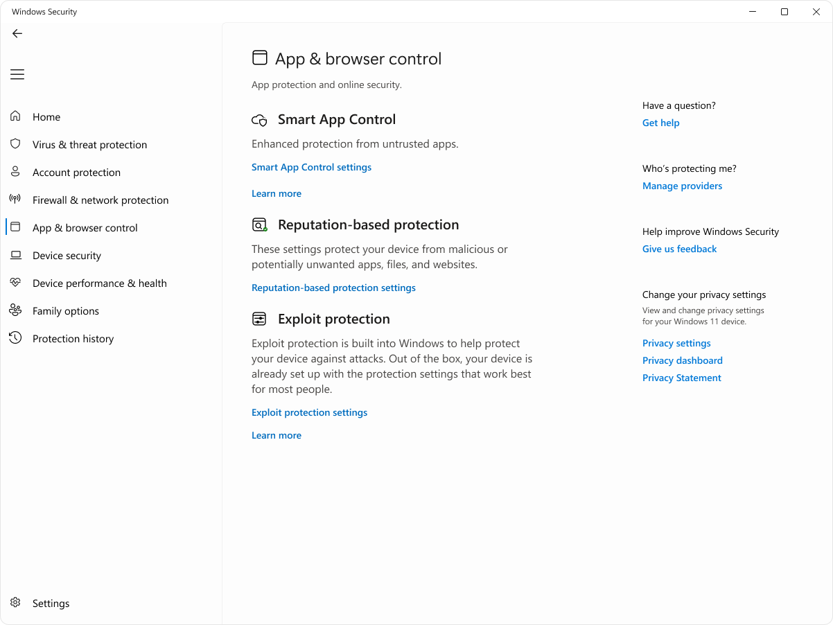 Screenshot of the app and browser control page of the Windows Security app.