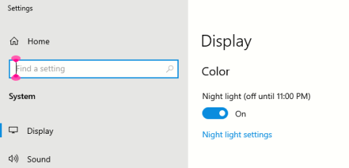 The Windows Night light option selected in the display settings.