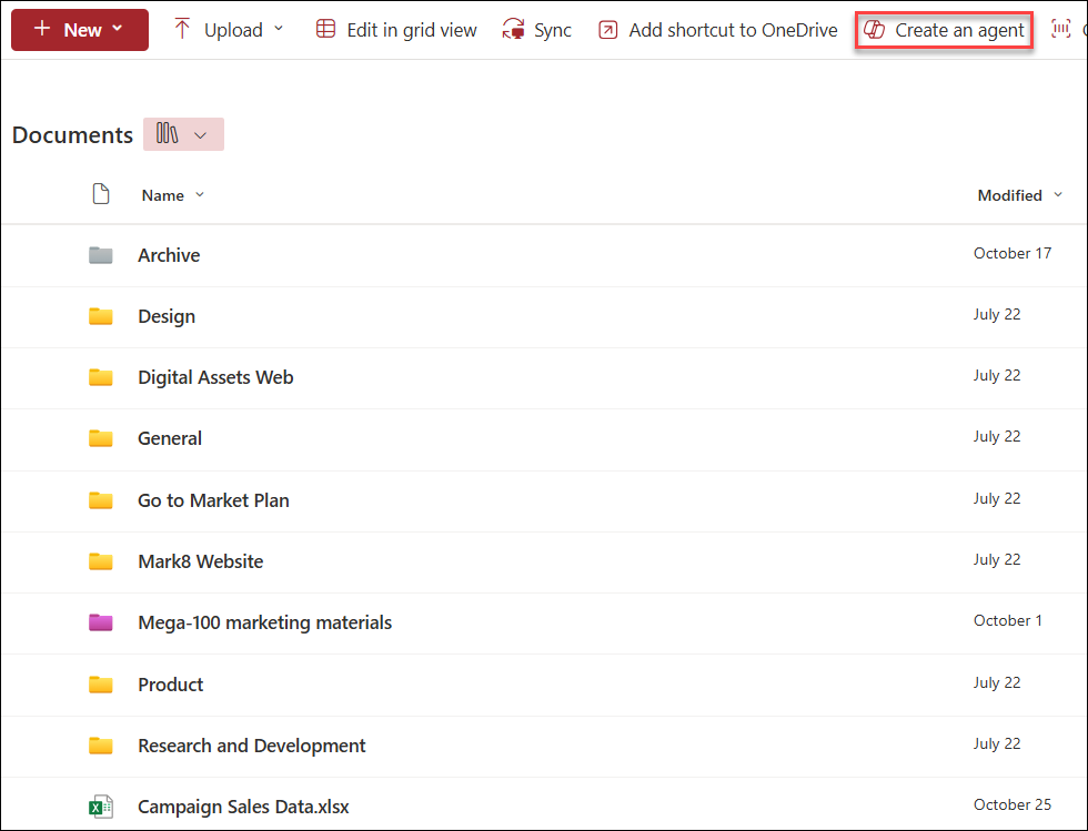 The screenshot of Create new copilot agent from document library