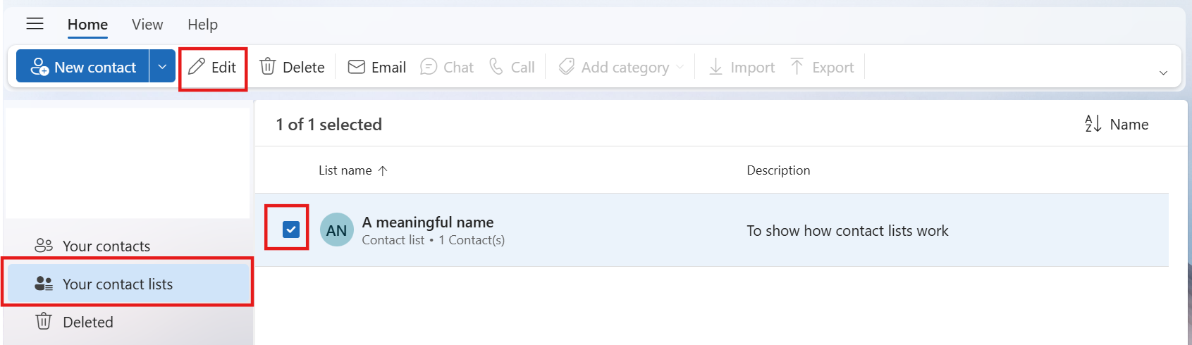 The contact lists homescreen showing the option to edit a contact list by selecting the edit button from the ribbon