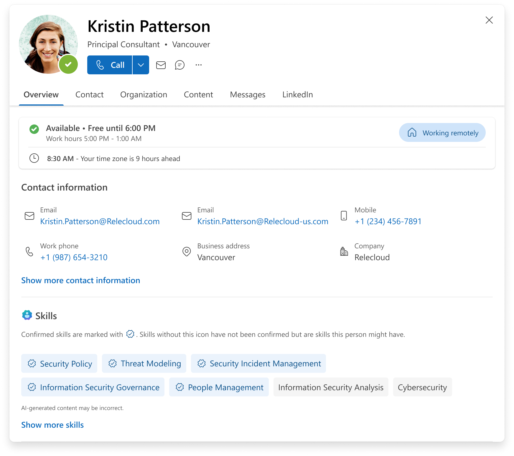 A screenshot of the Microsoft 365 profile card, which lists overview, contact information, and a list of confirmed and unconfirmed skills