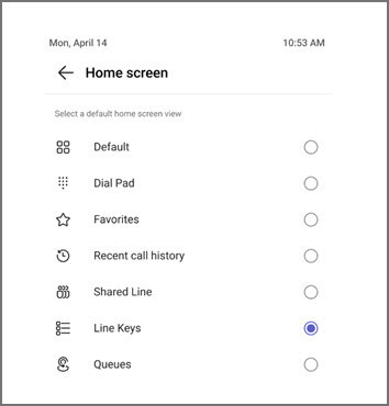 Menu for selecting the default home screen view, with Line Keys currently selected.